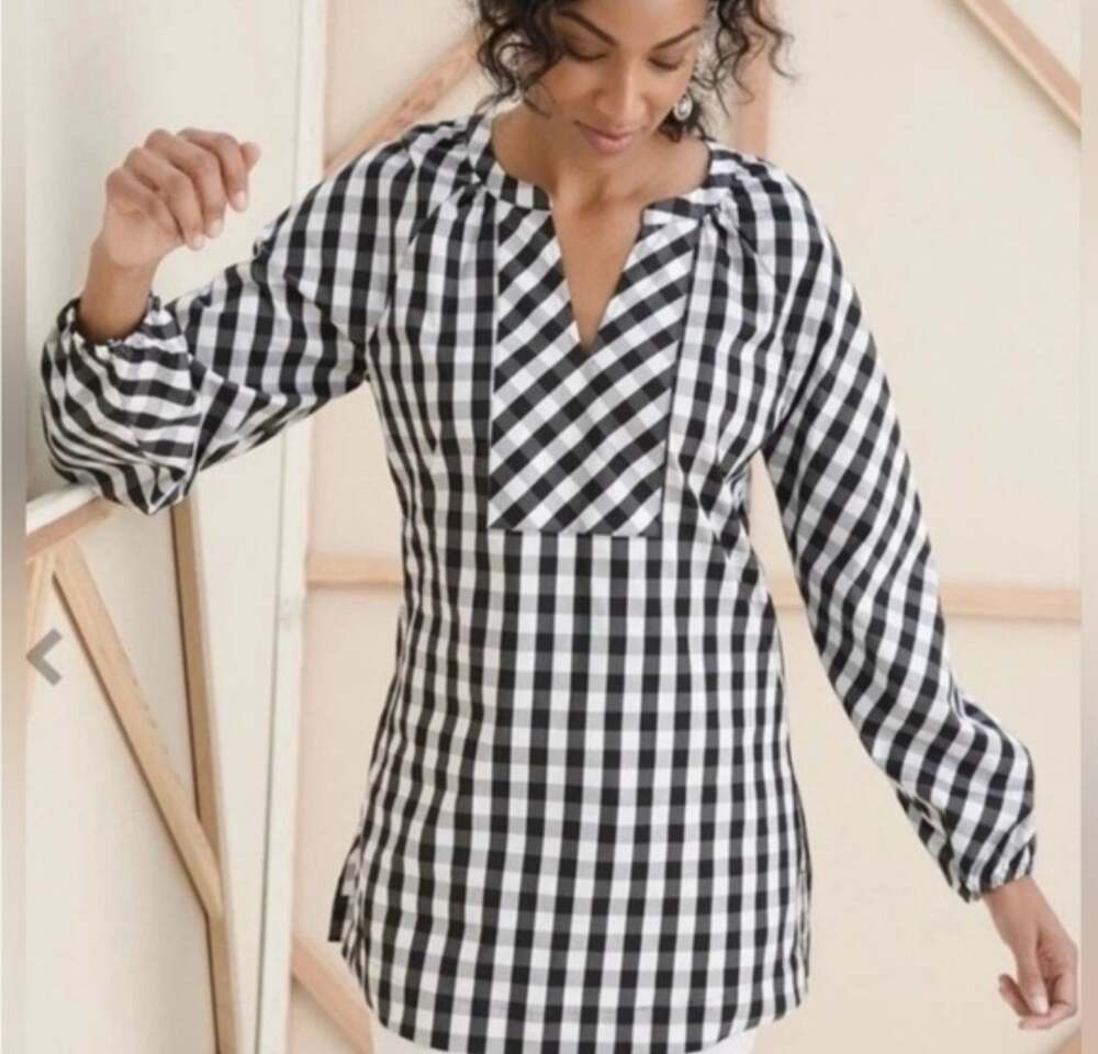 Chicos Plaid Black &  White Top Size 2 US 12/L